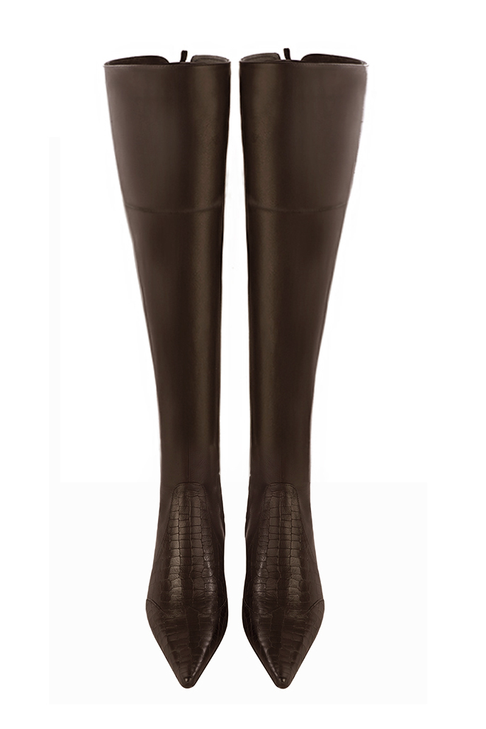 Dark brown women's leather thigh-high boots. Pointed toe. Low flare heels. Made to measure. Top view - Florence KOOIJMAN